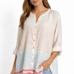 C & C California Striped Linen Button Down Tunic Blouse Roll Tab Sleeve Top Sz 3